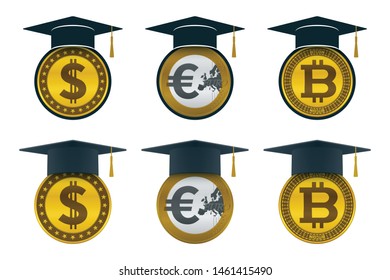 Graduation cap icons with coins. Educational and financial concept design.