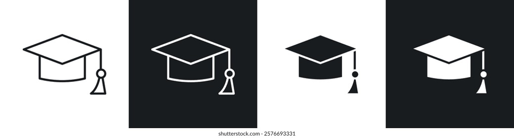 Graduation cap icons collection in black and white solid and line style