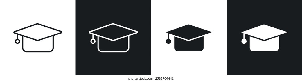 Graduation cap icons collection in black and white filled and line versions