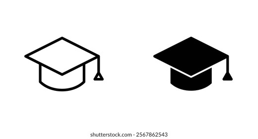 Graduation cap icons collection in Filled flat and thin line style.