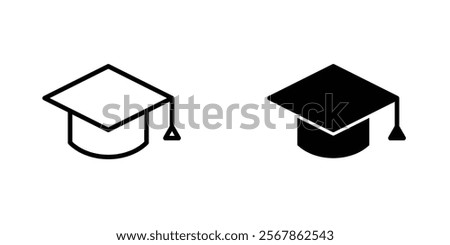 Graduation cap icons collection in Filled flat and thin line style.