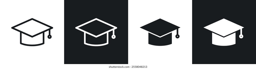 Graduation cap icons pack in black and white filled and outlined versions.