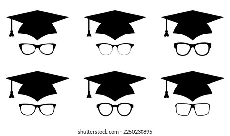 Fijación de iconos de la tapa de graduación. Icono negro de la gorra estudiantil y las gafas. Concepto de educación. Ilustración del vector