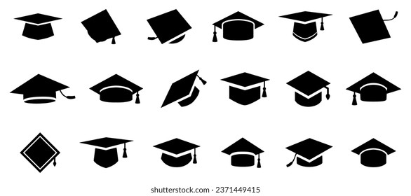 Graduation cap icons. Set of different education hat icons. Simple graduation cap signs. Black graduation cap icons