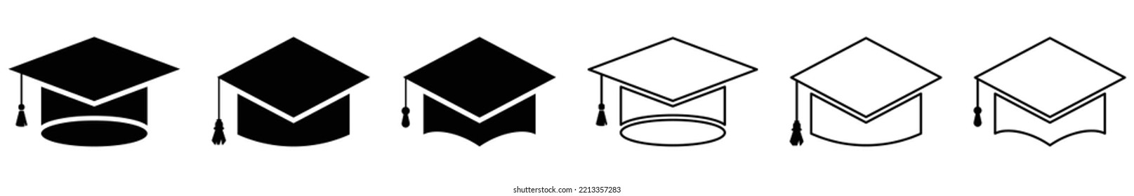 Fijación de iconos de la tapa de graduación. Estilo de arte plano y lineal. Sombrero de graduación universitaria o universitaria con tassel