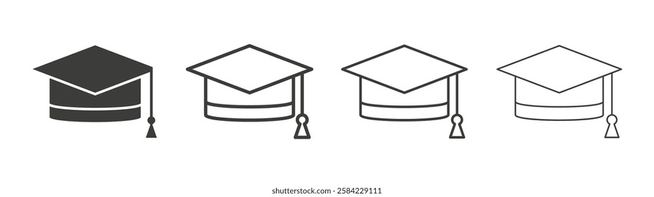 Graduation cap icons set. Liner outlined and flat black color