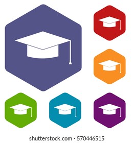 Graduation cap icons set rhombus in different colors isolated on white background