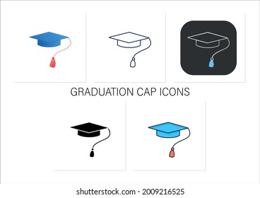 Graduation cap icons set. Special graduate hat with tassel. Holiday costume. Graduate uniform.Collection of icons in linear, filled, color styles.Isolated vector illustrations