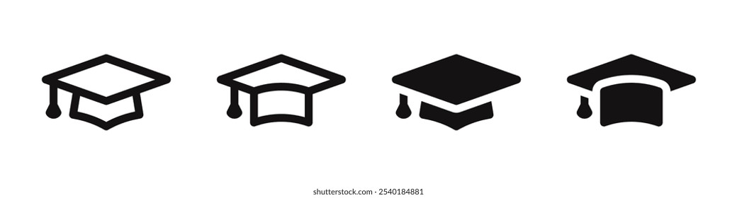 Definição de ícones de boné de graduação. Chapéu do estudante, boné acadêmico, símbolo educacional. Ilustração vetorial.