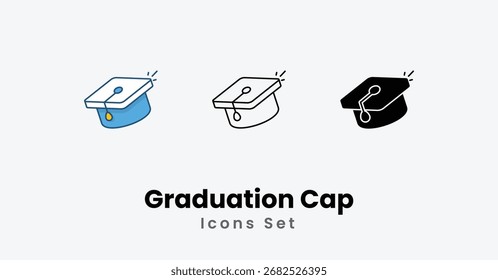 Iconos de tapa de graduación línea delgada y glifo icono de Vector Ilustración de stock