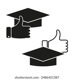 Graduation cap icons. Thumbs up symbols. Education success concept. Vector illustration.