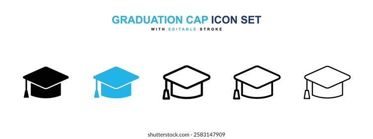 Graduation cap icons vector collection in black and blue colors on white background