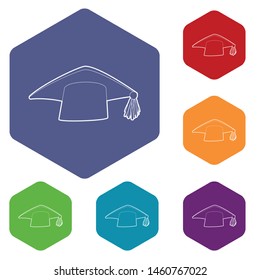 Graduation cap icons vector colorful hexahedron set collection isolated on white