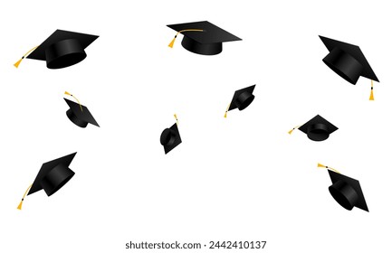 Ilustración de la tapa de graduación. Fondo de gorra de graduación voladora. Títulos universitarios y de educación universitaria. Vector