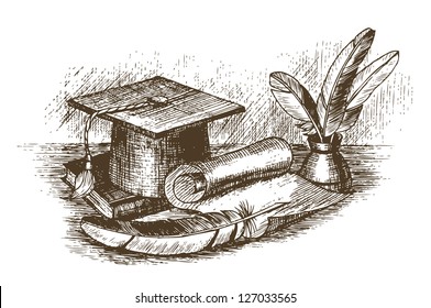 Graduation cap, inkstand with feathers and scroll draw by hand