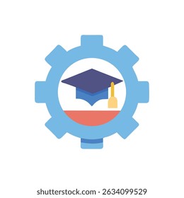 Boné de graduação dentro da engrenagem para o conceito de tecnologia educacional