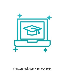 Graduation cap inside laptop gradient style icon design, University education school college academic ceremony degree and student theme Vector illustration