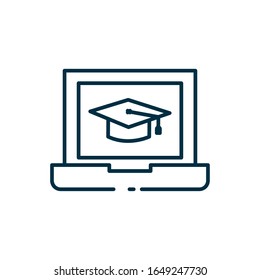 Graduation cap inside laptop line style icon design, University education school college academic ceremony degree and student theme Vector illustration