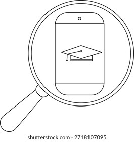 Una gorra de graduación dentro de un teléfono que se ve con una lupa
