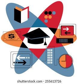 Graduation cap, internet symbol, books and computer in atomic model image