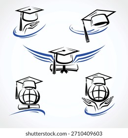 Rótulo de tampa de graduação e conjunto de ícones. Capa de graduação da coleção. Vetor