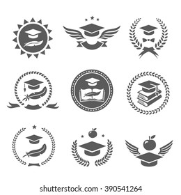 Graduation cap labels set.  College study, diploma and hat logo design  Vector