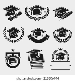 Graduation cap labels set. Vector