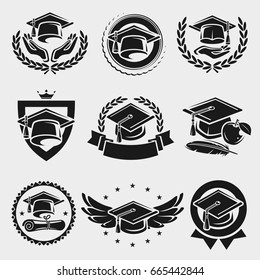 Graduation cap labels set. Vector