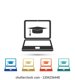 Graduation cap and laptop icon isolated on white background. Online learning or e-learning concept icon. Set elements in colored icons. Flat design. Vector Illustration
