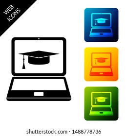 Graduation cap and laptop icon isolated on white background. Online learning or e-learning concept icon. Set icons colorful square buttons. Vector Illustration