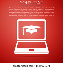 Graduation cap and laptop icon. Online learning or e-learning concept icon isolated on red background. Flat design. Vector Illustration