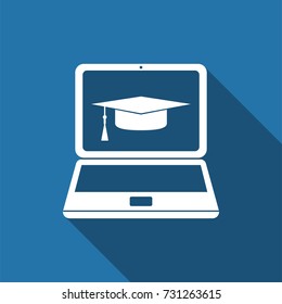 Graduation cap and laptop icon. Online learning or e-learning concept icon isolated with long shadow. Flat design. Vector Illustration