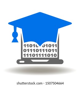 Graduation cap laptop icon vector. Electronic onlain learning illustration. Elearning logo.