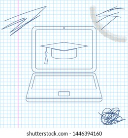Graduation cap and laptop line sketch icon isolated on white background. Online learning or e-learning concept icon. Vector Illustration