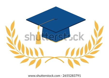 Graduation cap and laurel branches. Concept of academic achievement, graduation ceremonies. Vector elements isolated on white background.