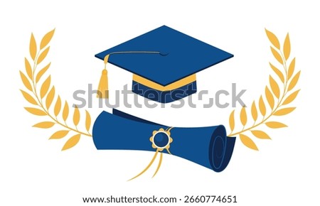 Graduation cap, laurel branches and diploma. Concept of academic achievement, graduation ceremonies. Vector elements for invitation, announcement, decoration isolated on white background.