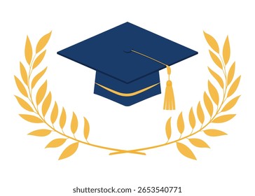 Graduation cap and laurel branches. Symbols of academic achievement, graduation ceremonies. Vector design elements isolated on white background.