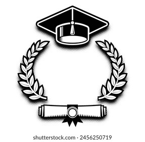 Gorra de graduación, corona de laurel y pergamino certificado. Plantilla para el diseño de la graduación, evento de felicitación, camiseta, fiesta, graduado de la escuela secundaria o universitario. Vector monocromo sobre fondo transparente