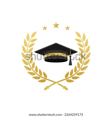 Graduation cap with laurel wreath in gold color. Certificate logo template design. Education logo concept
