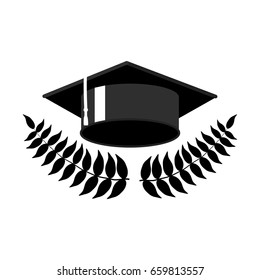 Graduation cap with laurel wreath vector illustration on white background. Black graduation cap icon or logo. Graduation day greeting card design element. Monochrome student hat. Education clipart cap