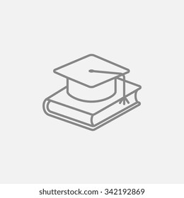 Graduation cap laying on book line icon for web, mobile and infographics. Vector dark grey icon isolated on light grey background.