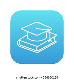 Graduation cap laying on book line icon for web, mobile and infographics. Vector white icon on the blue gradient square with rounded corners isolated on white background.
