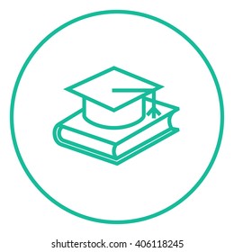 Graduation cap laying on book line icon.