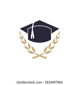 Graduation cap and leaf logo concept. Vintage education logo template. Toga hat university student logo design vector