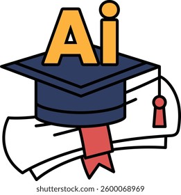 A graduation cap with the letters AI on it. The cap is on top of a piece of paper