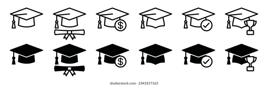 Graduation cap line and flat icon. Student hat, Academic cap with check mark, trophy, diploma or certificate, insurance icon. Education symbol. Vector illustration 