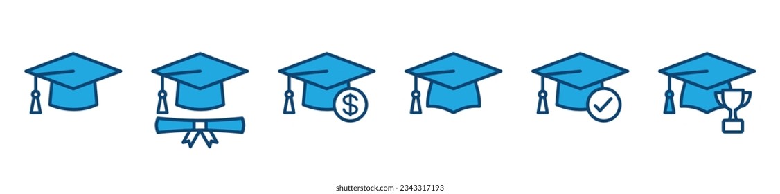 Línea de cierre de graduación e icono plano. Sombrero estudiantil, gorro académico con marca de verificación, trofeo, diploma o certificado, icono de seguro. Símbolo de educación. Ilustración del vector 