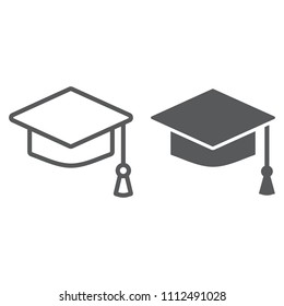 Graduation cap line and glyph icon, school and education, university hat sign vector graphics, a linear pattern on a white background, eps 10.