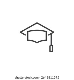 Graduation Cap line icon. Academic headwear with a tassel in a minimal outline vector icon. This icon symbol is used for education, achievement, and academic success.