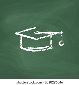 Graduation cap line Icon design white chalk. Draw a picture on the blackboard.
